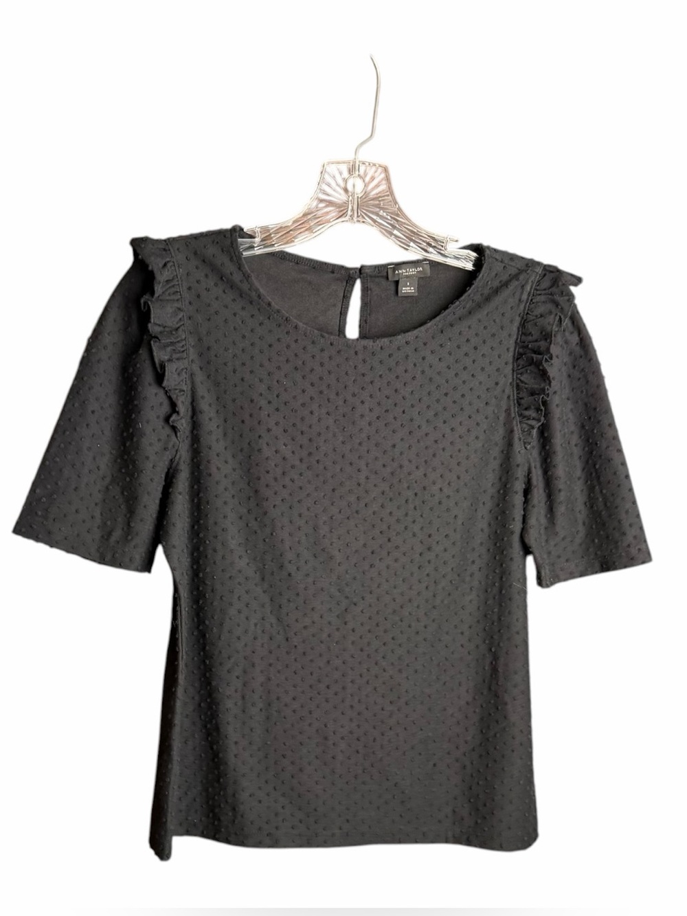 Ann Taylor Blouse Black Swiss Dot Texture Ruffled Puff Sleeves Small